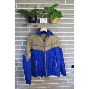 VTG Puffer Ski Jacket Vest Coat Men's XL Blue Tan Zip Off Sleeves convertible